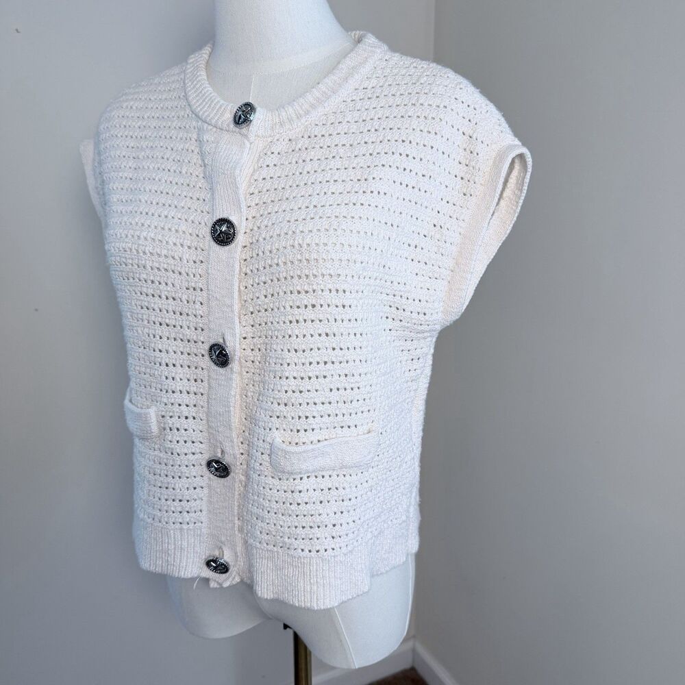 Lucky Brand Ivory Crochet Cardigan XS Star Button Western Boho Cotton Vest - Picture 4 of 15